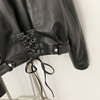 OFTBUY Women's Faux Leather Moto Jacket with Real Fox Fur Collar PU Leather Cropped Biker Coat with Lace-Up New Winter Outerwear