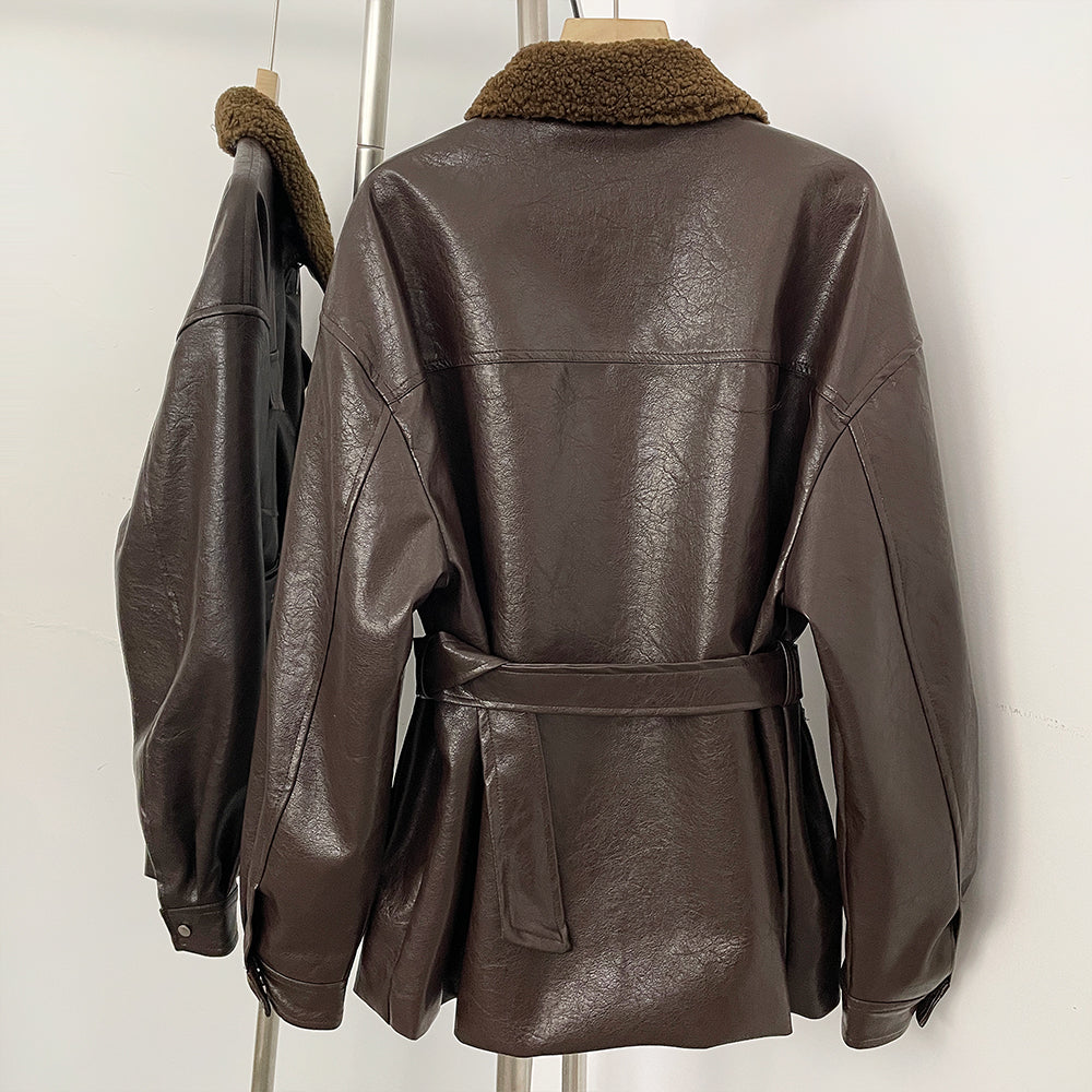 OFTBUY New Women's Faux Leather Jacket with Teddy Fur Collar Belted Waist Pockets Vintage Streetwear Fashion Outerwear Female