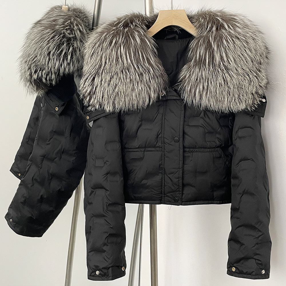 OFTBUY Thickened Warm Fluffy Real Fox Fur Puffer Jacket Women Short Long Sleeve White Duck Down Coat Female New Winter Clothing