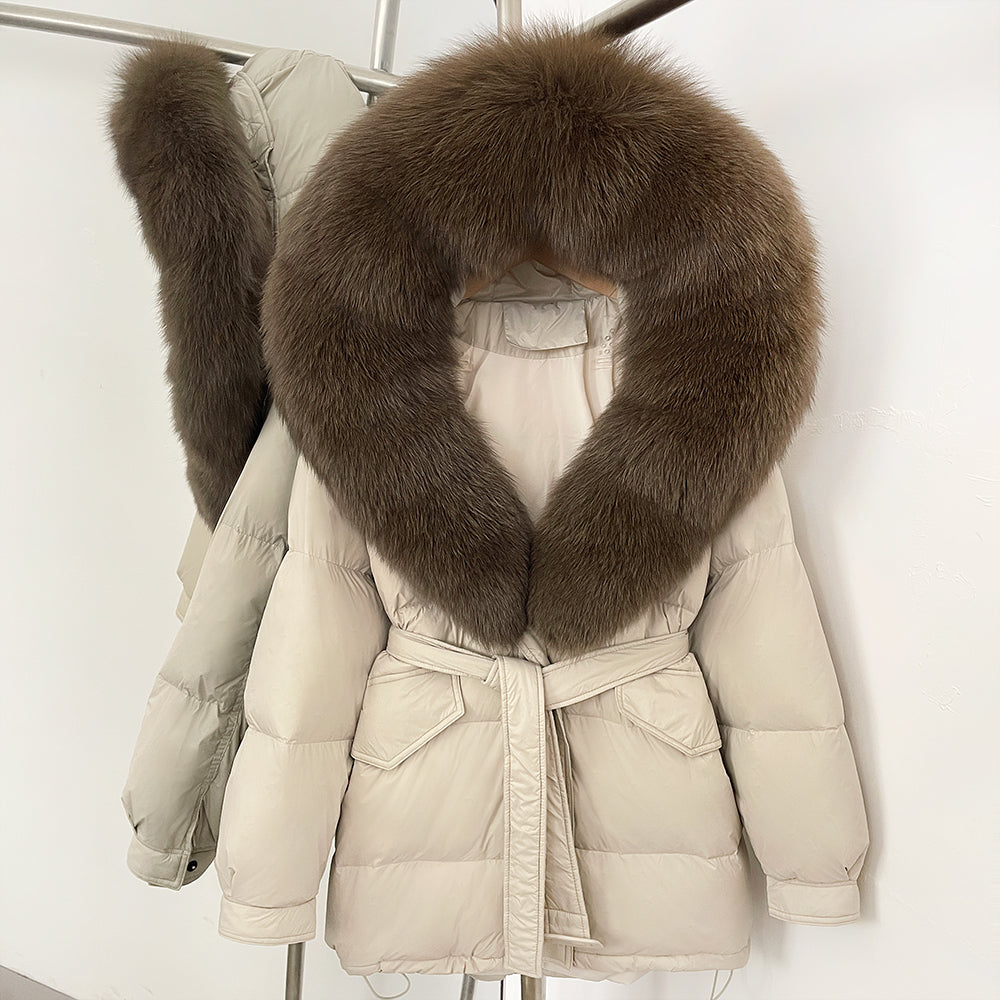 OFTBUY Thick Warm Mid-Long Puffer Coat Real Fox Fur Collar White Duck Down Coat Female Loose Warm Hooded Parkas With Belt
