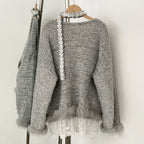 OFTBUY New Spring Autumn Top Knitted Clothes Women Loose Ribbon Knitwear Coat Real Fox Fur Lace Pullovers Sweater Jacket Female