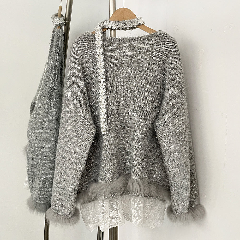 OFTBUY New Spring Autumn Top Knitted Clothes Women Loose Ribbon Knitwear Coat Real Fox Fur Lace Pullovers Sweater Jacket Female