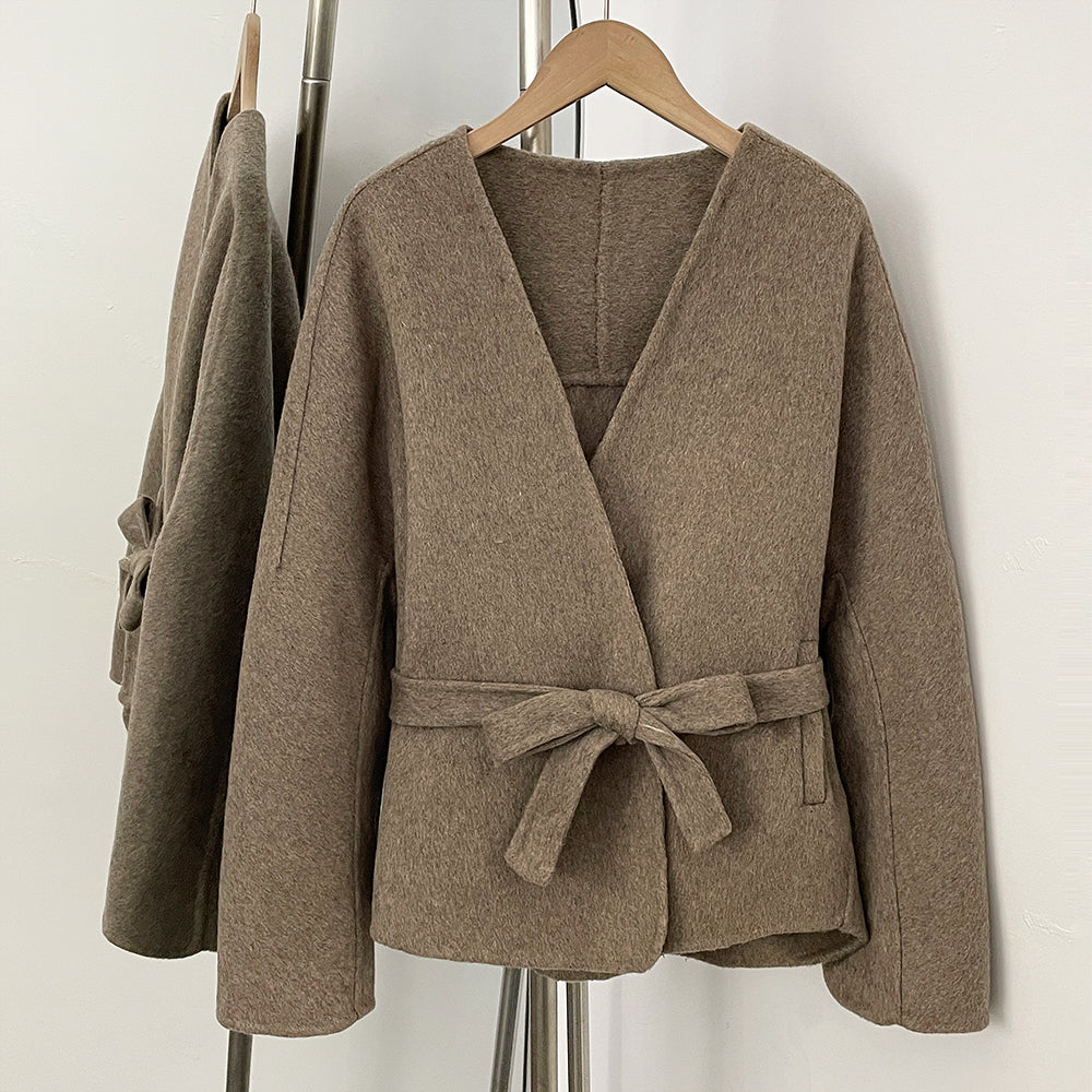OFTBUY New Winter Woolen Clothes Women Short Belt Real Fox Fur Collar 100% Wool Jacket Feamle V-neck Loose Warm Natural Fur Coat