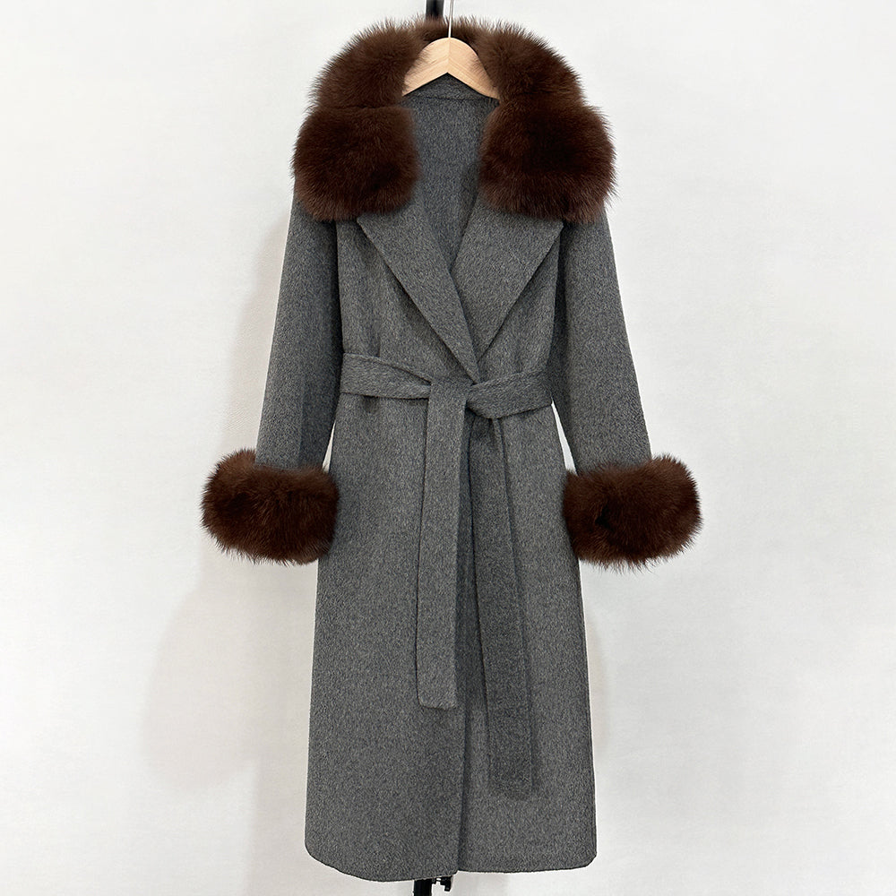 OFTBUY Belted Warm Winter Elegant Fashion Outerwear New Women's Double-Faced Wool Coat with Real Fox Fur Collar and Cuffs