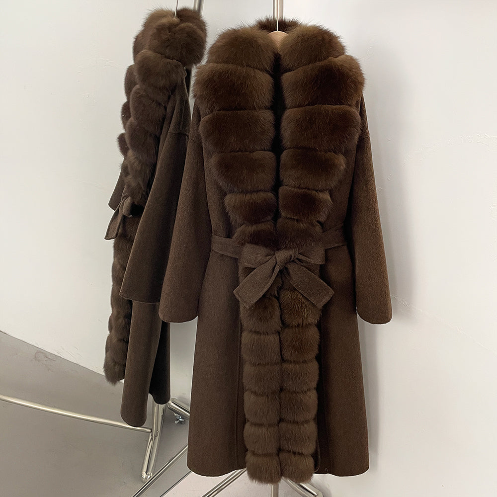 OFTBUY New Autumn Winter Clothes Women Belt Natural Fur Collar Woolen Jacket Long Big Fox Fur Pinnacle 100% Wool Coat Female
