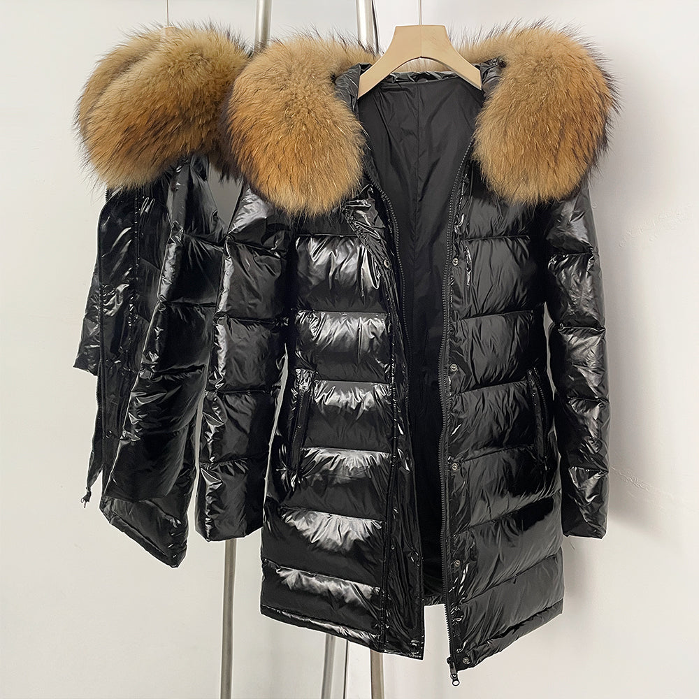 OFTBUY New Hood Collar Luxury Warm Winter Women's Shiny Puffer Jacket with Real Raccoon Fox Fur Outerwear Duck Down Coat Female