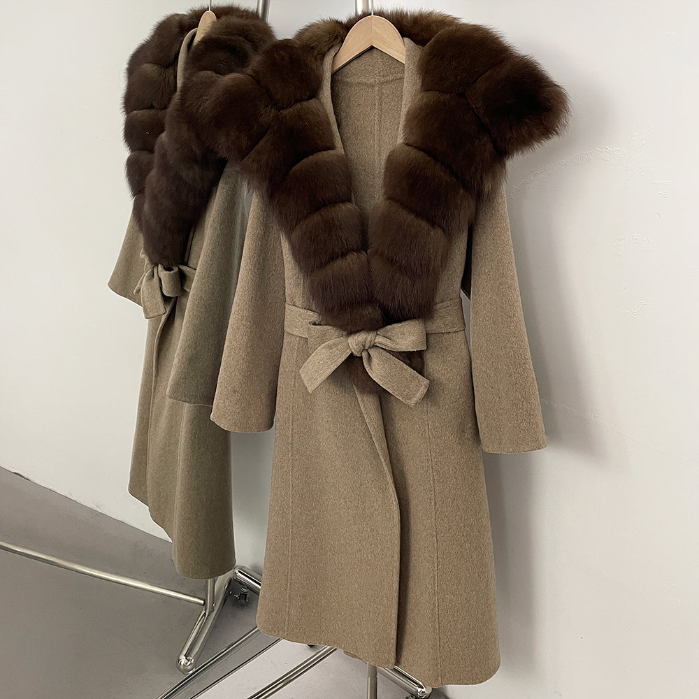 OFTBUY Long Belt Real Fur Wool Coat Female New Autumn Winter Warm Clothes Women Natural Fox Fur Collar Cashmere Woolen Jacket