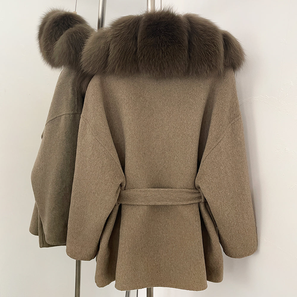 OFTBUY New Autumn Winter Clothes Women Big Natural Fox Fur Pinnacle 100% Wool Coat Female Belt Real Fur Collar Woolen Jacket