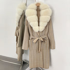 OFTBUY New Women's Knit Coat with Large Real Fox Fur Collar Belted Cardigan Female Winter Elegant Outerwear Warm Long Coat Lady