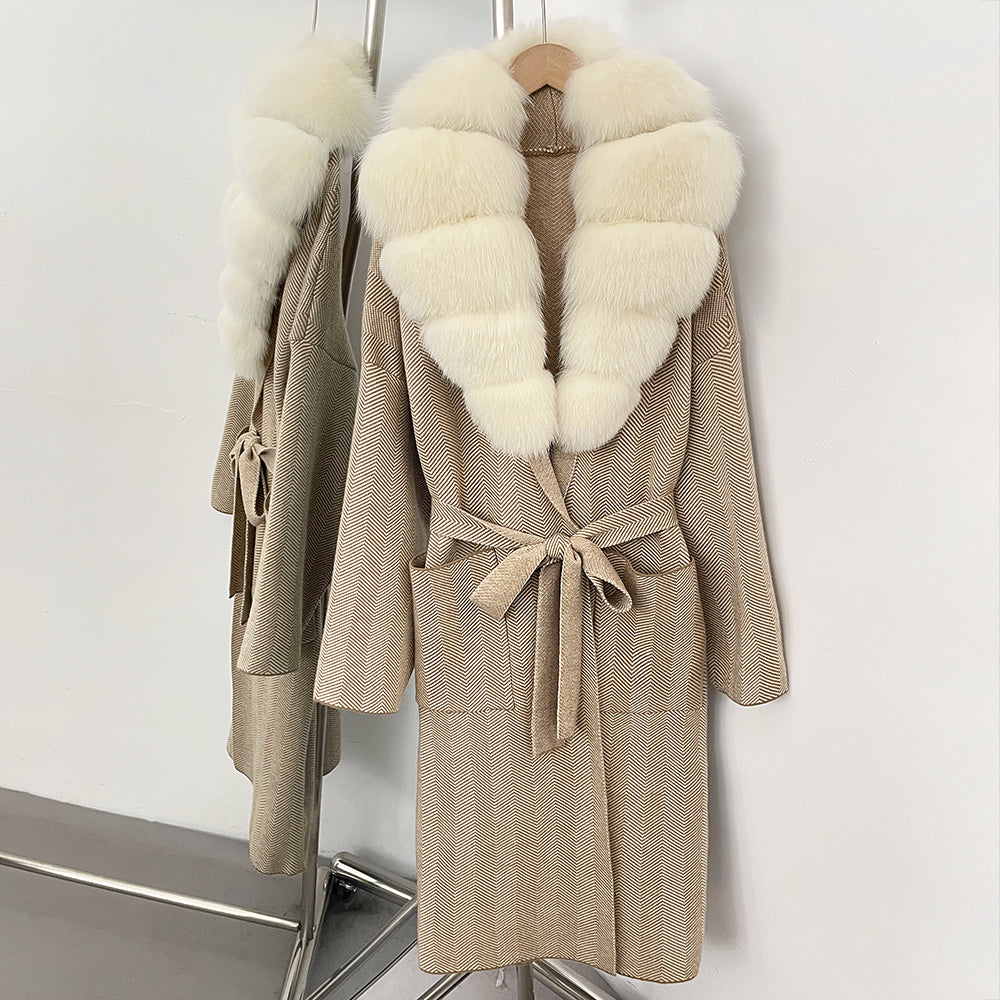 OFTBUY New Women's Knit Coat with Large Real Fox Fur Collar Belted Cardigan Female Winter Elegant Outerwear Warm Long Coat Lady