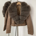 OFTBUY Natural Fox Fur Faux Leather Jacket Female New Autumn Short Top Clothing Women Long Sleeve Fake Leather Real Fur Coat