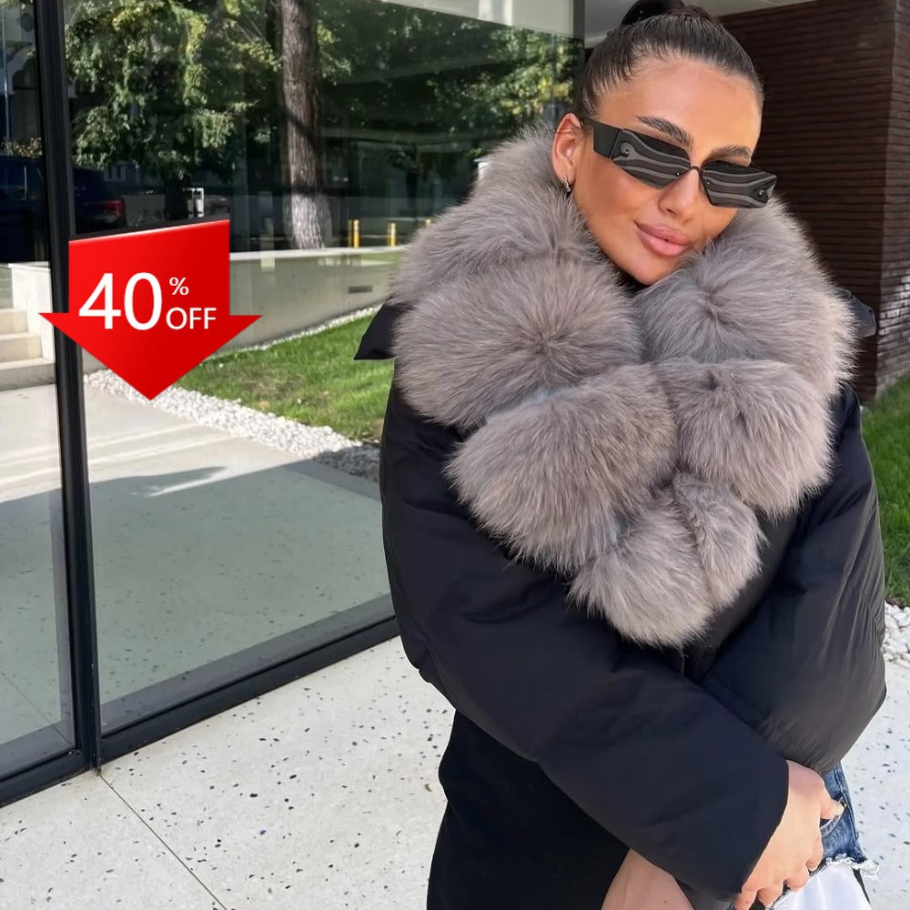OFTBUY Luxury Cropped Puffer Jacket with Massive Real Fox Fur Collar - Premium 90% Duck Down Winter Coat