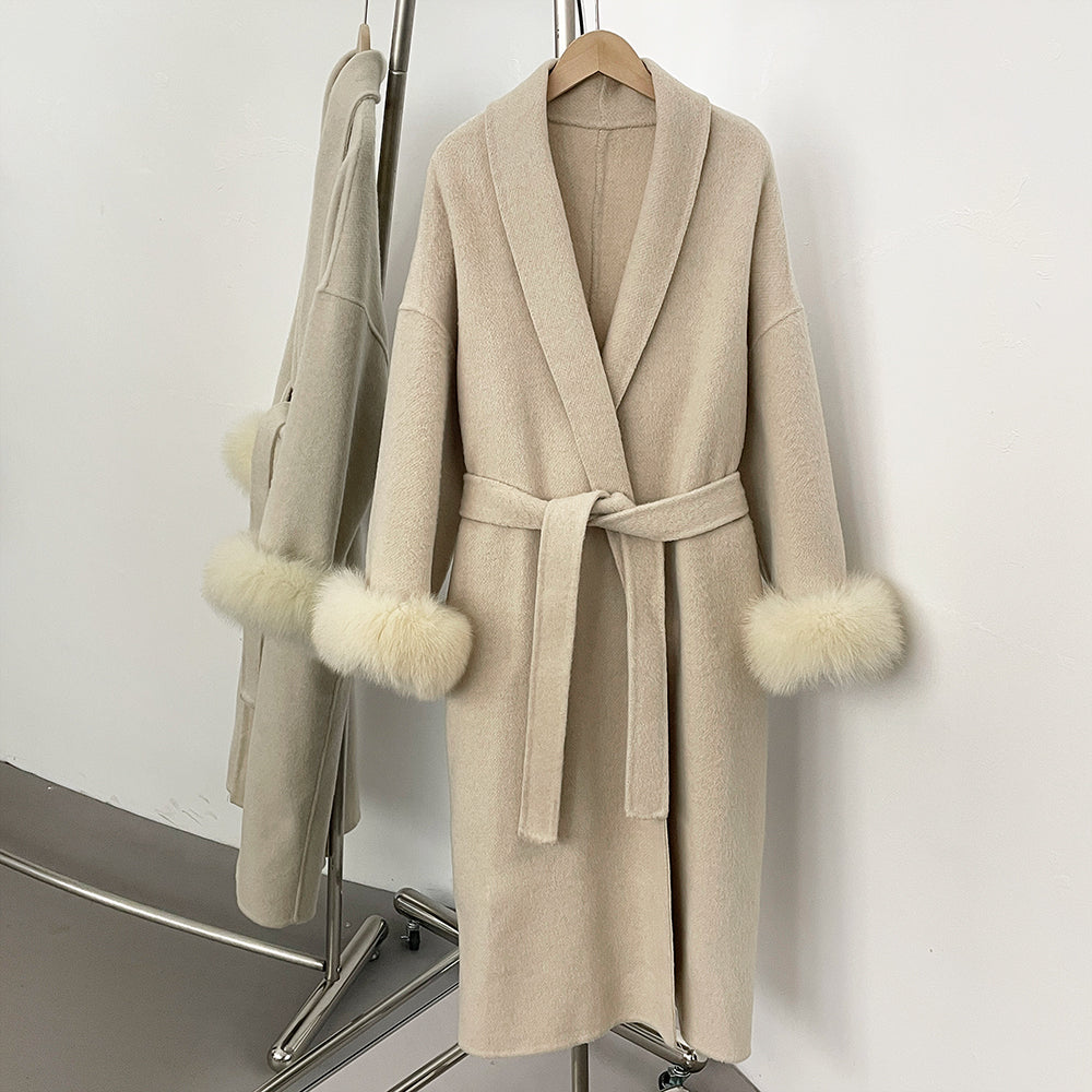 OFTBUY High End Double-sided Wool Strapping Real Wool Fur Coat Women's Removable Cuffs Fox Fur Temperament Cashmere Short Jacket