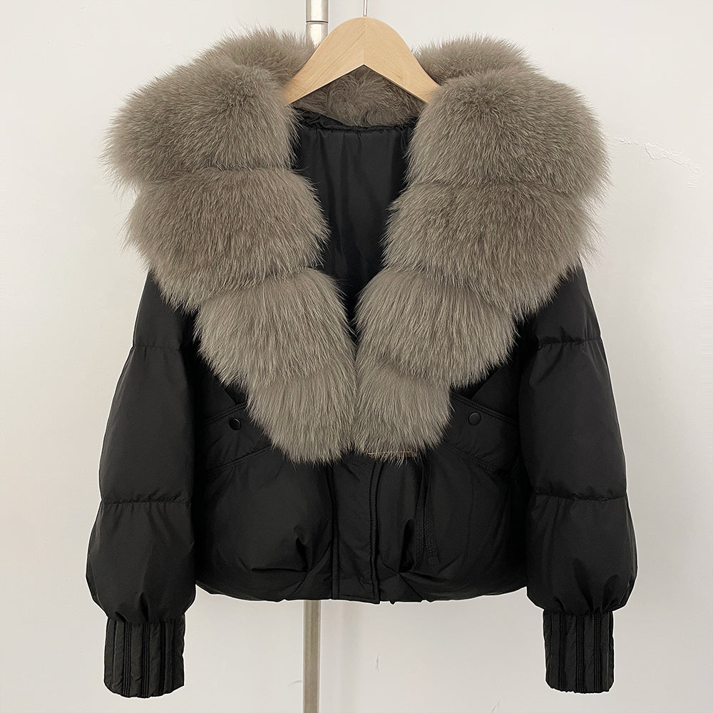 OFTBUY Luxury 90% Duck Down Puffer Jacket with Oversized Real Fox Fur Collar - Short Tiered Winter Coat