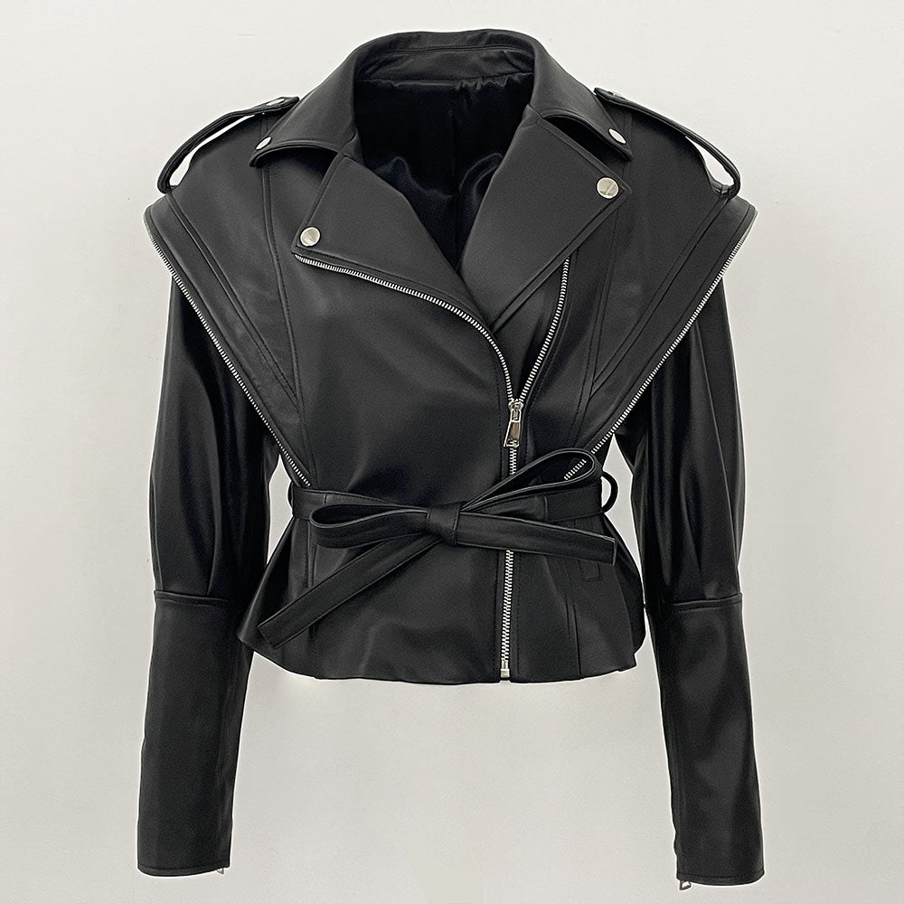 OFTBUY New Autumn Shoulder Leather Jackets Real Sheepskin Jacket Design Biker Leather Jacket Lady Genuine Leather Jacket Women