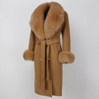 OFTBUY Winter Jacket Women Long Natural Wool Blends Cashmere Real Fur Coat Double Breasted Belt Warm Streetwear New Fashion
