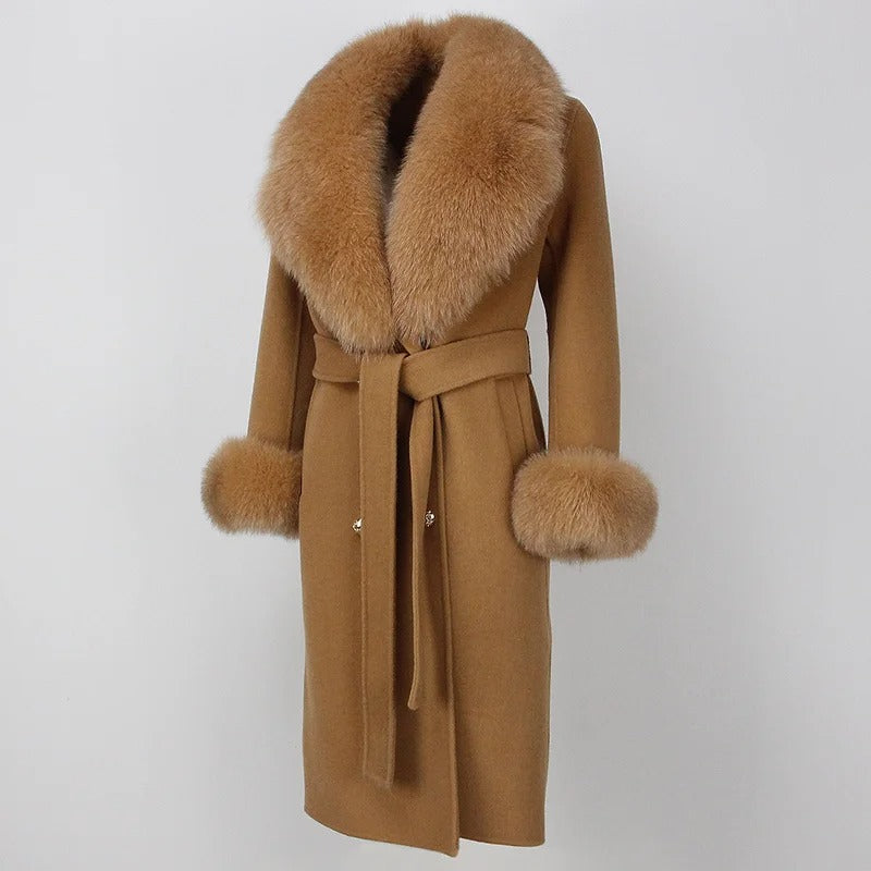 OFTBUY Winter Jacket Women Long Natural Wool Blends Cashmere Real Fur Coat Double Breasted Belt Warm Streetwear New Fashion