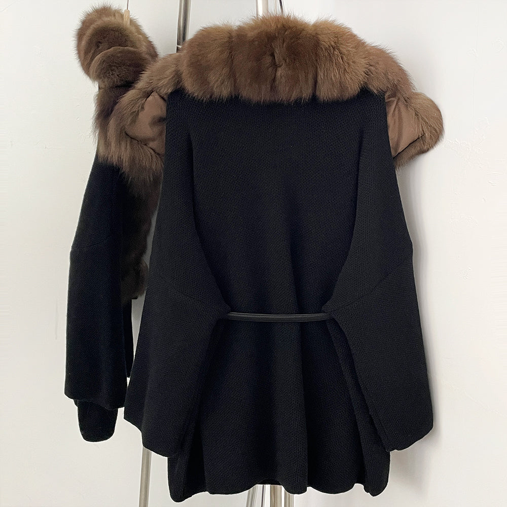OFTBUY Fashion Belt Warm Sweater Female Natural Fur Loose Cadigan Coat Women Medium Length Knit Jacket with Real Fox Fur Collar