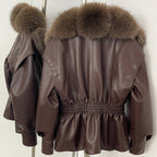 OFTBUY New Women's Faux Leather Jacket with Oversized Faux Fox Fur Elastic Waist Puff Sleeves Coat Luxury Warm Winter Outerwear