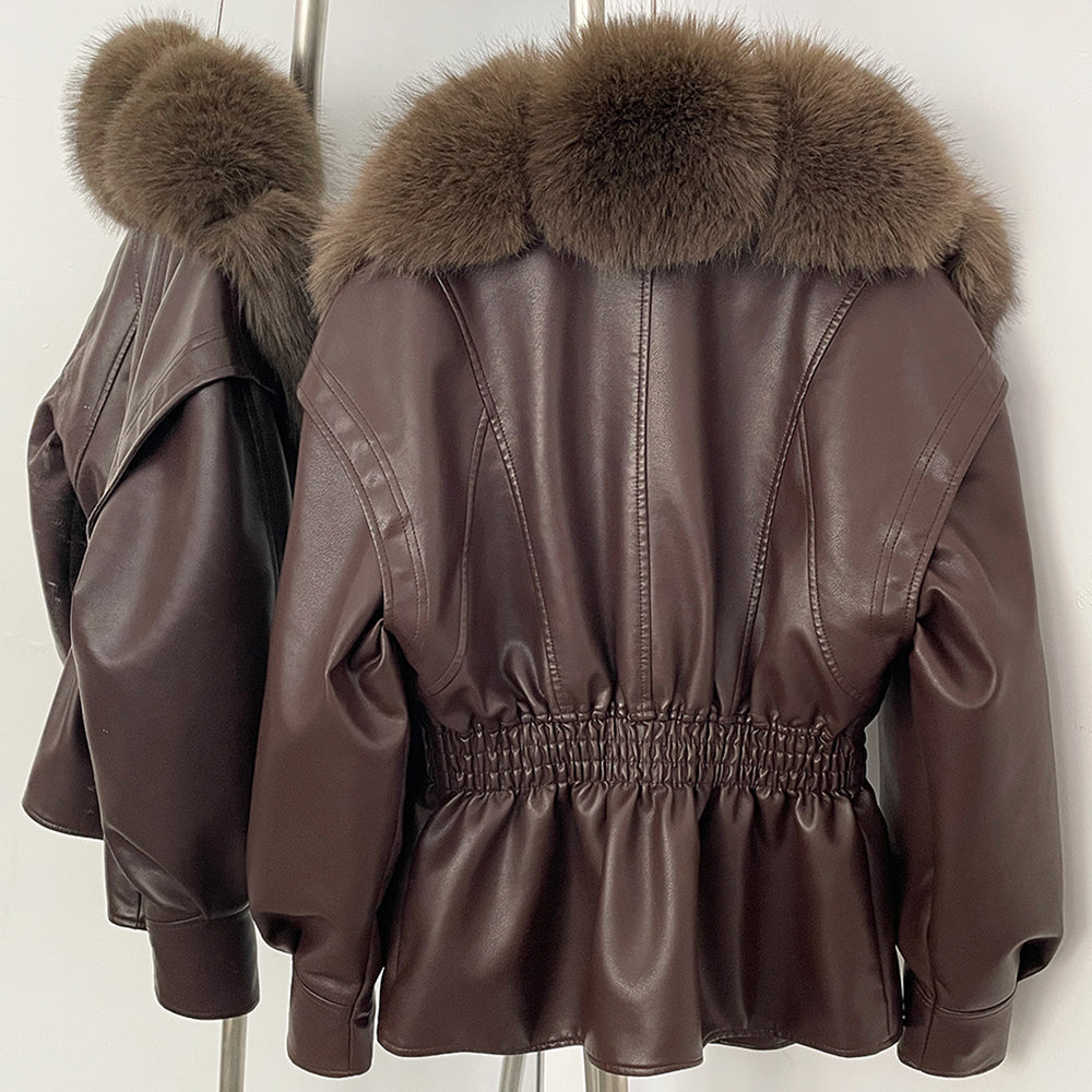 OFTBUY New Women's Faux Leather Jacket with Oversized Faux Fox Fur Elastic Waist Puff Sleeves Coat Luxury Warm Winter Outerwear