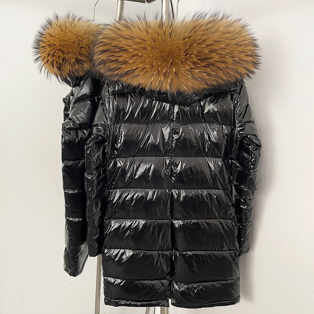 OFTBUY New Hood Collar Luxury Warm Winter Women's Shiny Puffer Jacket with Real Raccoon Fox Fur Outerwear Duck Down Coat Female