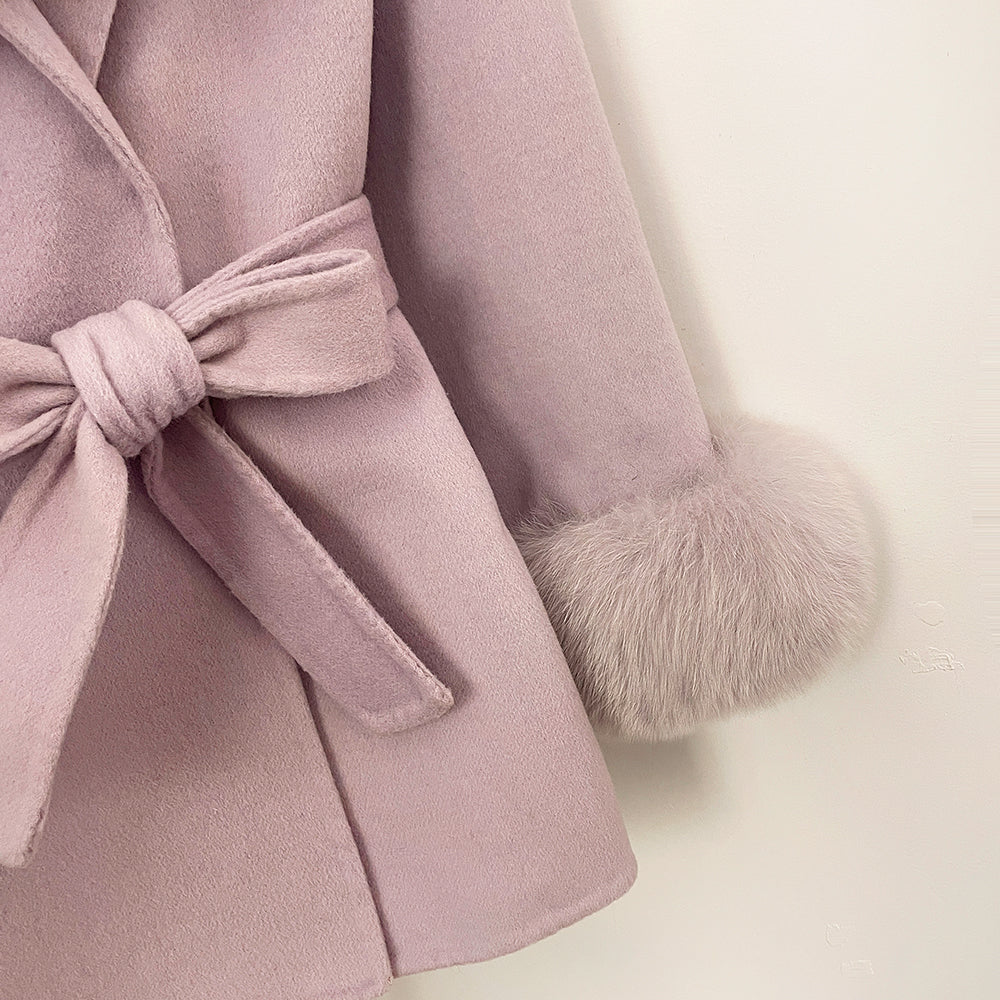 OFTBUY Purple Elegant Double-sided Wool Coat New Autumn Winter Clothes Women Real Fox Fur Scarf Collar Belt Wool Jacket Female