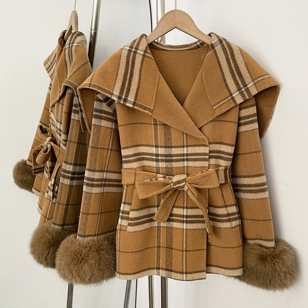 OFTBUY New Women's Double Face Wool Coat Plaid Pattern Real Fox Fur Cuffs Wide Collar Belted Waist Warm Winter Elegant Outerwear