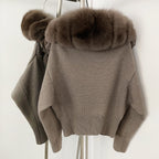 OFTBUY Women's Real Fox Raccoon Fur Collar Knit Zip Up Cardigan Ribbed Hem Warm Winter Sweater Jacket Female Luxury Outerwear