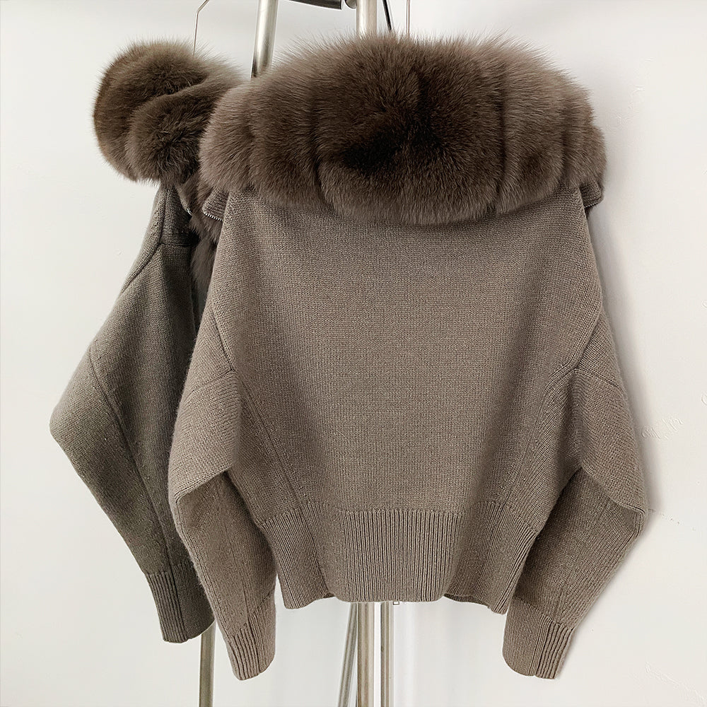 OFTBUY Women's Real Fox Raccoon Fur Collar Knit Zip Up Cardigan Ribbed Hem Warm Winter Sweater Jacket Female Luxury Outerwear