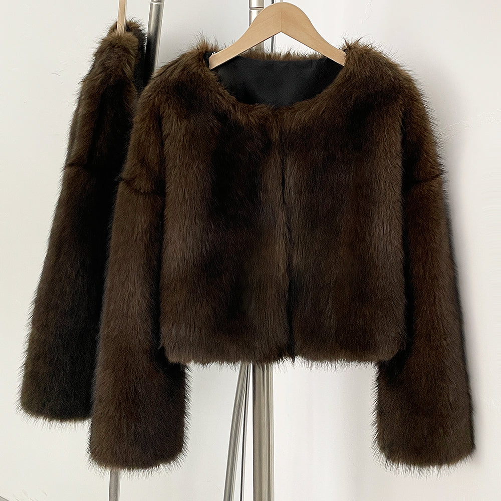 OFTBUY Cropped Faux Fox Fur Jacket