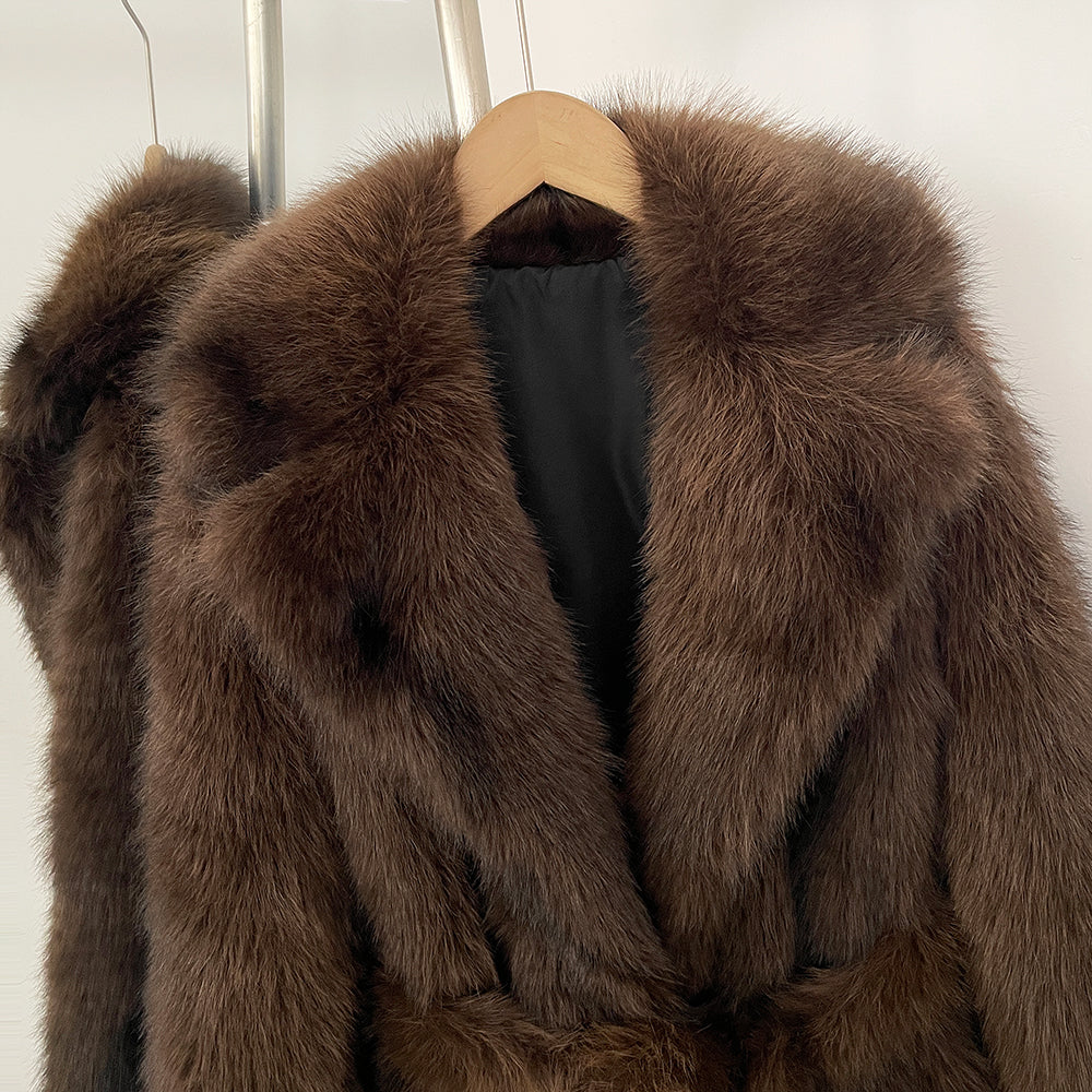 OFTBUY Luxury Long-Length Belted Faux Fur Coat - Premium Vegan Silver Fox Style Overcoat with Oversized Lapel
