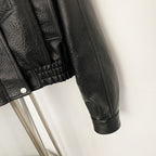 OFTBUY New Vintage Biker Outerwear Female Women's Black Faux Leather Cropped Bomber Jacket PU Aviator Coat with Elastic Hem