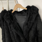OFTBUY Women's Luxury Black Real Rabbit Fur Hooded Coat with Belt New Warm Winter Fur Jacket Female Outerwear for Cold Weather