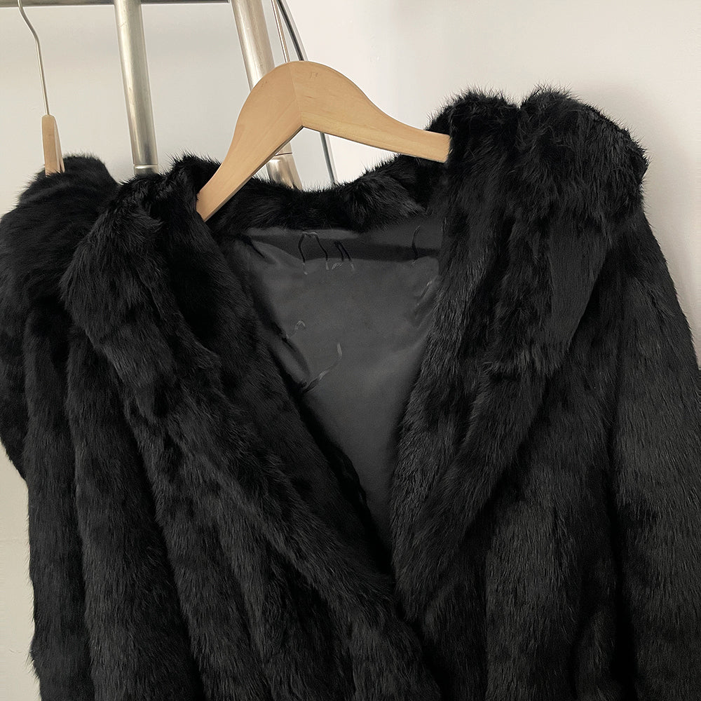 OFTBUY Women's Luxury Black Real Rabbit Fur Hooded Coat with Belt New Warm Winter Fur Jacket Female Outerwear for Cold Weather
