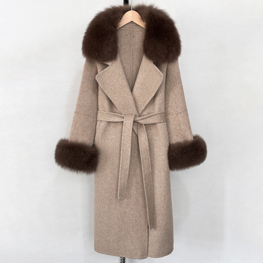 OFTBUY Fashion Warm Wool Coat with Real Fox Fur Collar New Autumn Winter Long Clothing Women Belt Elegant Woolen Jcacket Female