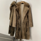 OFTBUY Luxury Long-Length Belted Faux Fur Coat - Premium Vegan Silver Fox Style Overcoat with Oversized Lapel