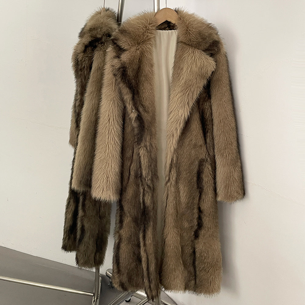 OFTBUY Luxury Long-Length Belted Faux Fur Coat - Premium Vegan Silver Fox Style Overcoat with Oversized Lapel