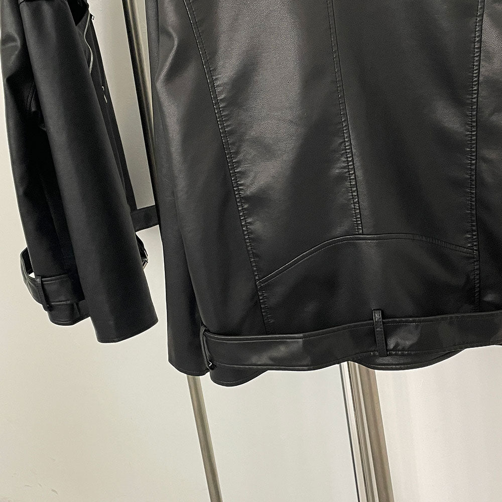 OFTBUY Women's Vintage Black Faux Leather Jacket with Waist Belt Lapel Collar PU Leather Coat Lady New Elegant Office Outerwear