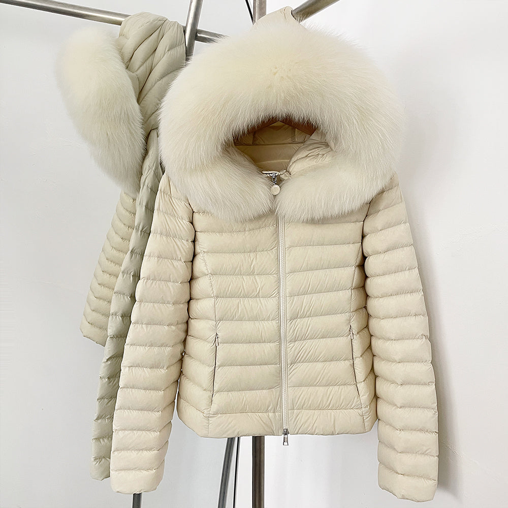 OFTBUY Hooded Slim Real Fox Fur Collar Fluffy Puffer Jacket Women New Winter Short Top Clothing Female Fur White Duck Down Coat