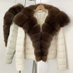 OFTBUY Real Fox Fur Collar Drawstring Waist Duck Down Puffer Coat New Women's Short Down Jacket Winter Luxury Outerwear