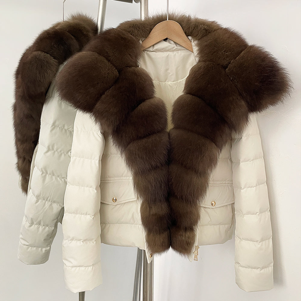OFTBUY Real Fox Fur Collar Drawstring Waist Duck Down Puffer Coat New Women's Short Down Jacket Winter Luxury Outerwear