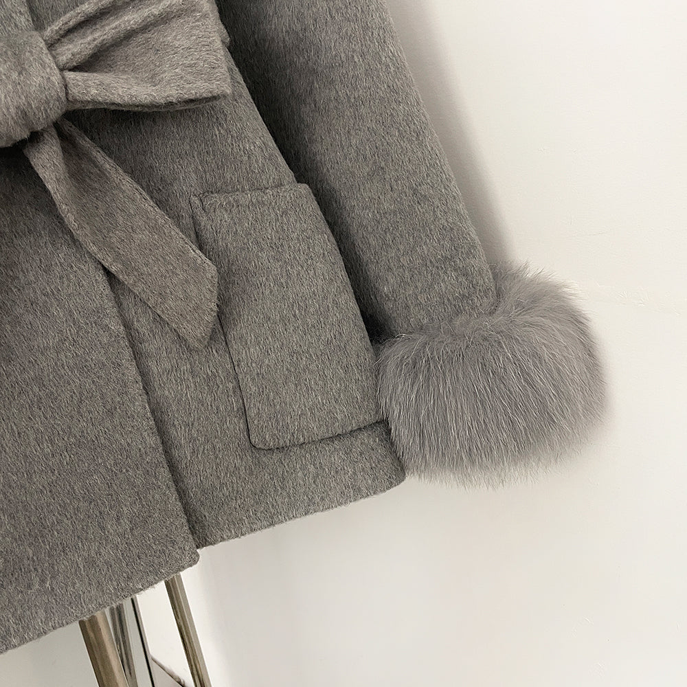 OFTBUY New Women's Wool Coat with Real Fox Fur Collar Cuffs Belted Bow Pockets Warm Winter Elegant Fashion Outerwear Female