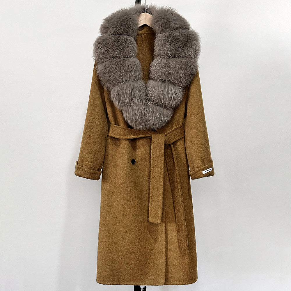 OFTBUY Winter Jacket Women Woolen Blends Coat Natural Real Fox Fur Collar Belt Loose Outerwear Casual Outerwear Streetwear