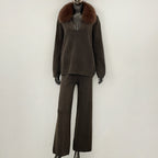 OFTBUY New Women's Knit Two Piece Set with Real Fox Fur Collar Loose Pants Warm Winter Elegant Casual Outfit Sweater Female