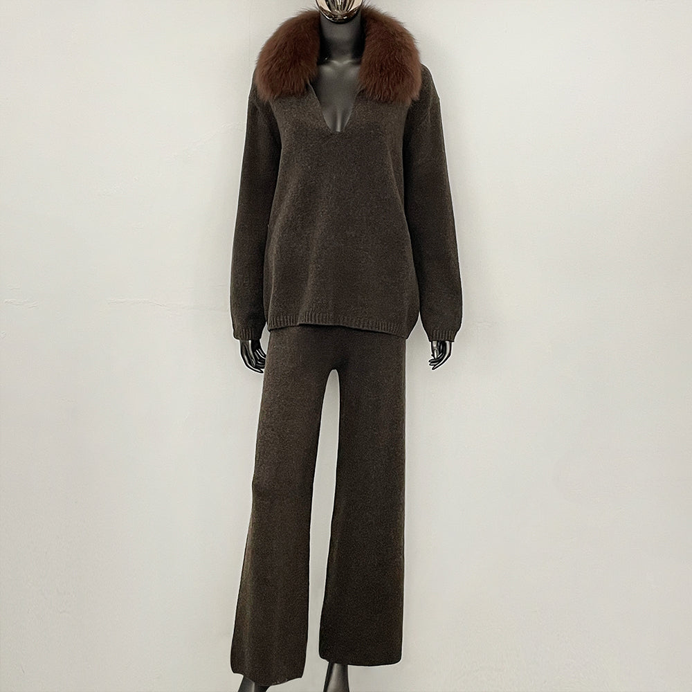 OFTBUY New Women's Knit Two Piece Set with Real Fox Fur Collar Loose Pants Warm Winter Elegant Casual Outfit Sweater Female