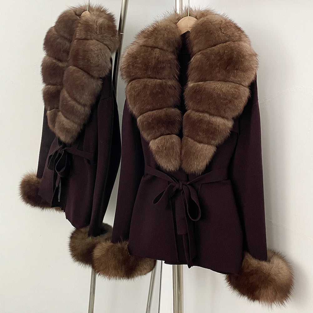 OFTBUY New Women's Knit Cardigan with Real Fox Fur Collar and Cuff Belt Luxury Coat Warm Autumn Fashion Outerwear Sweater Female