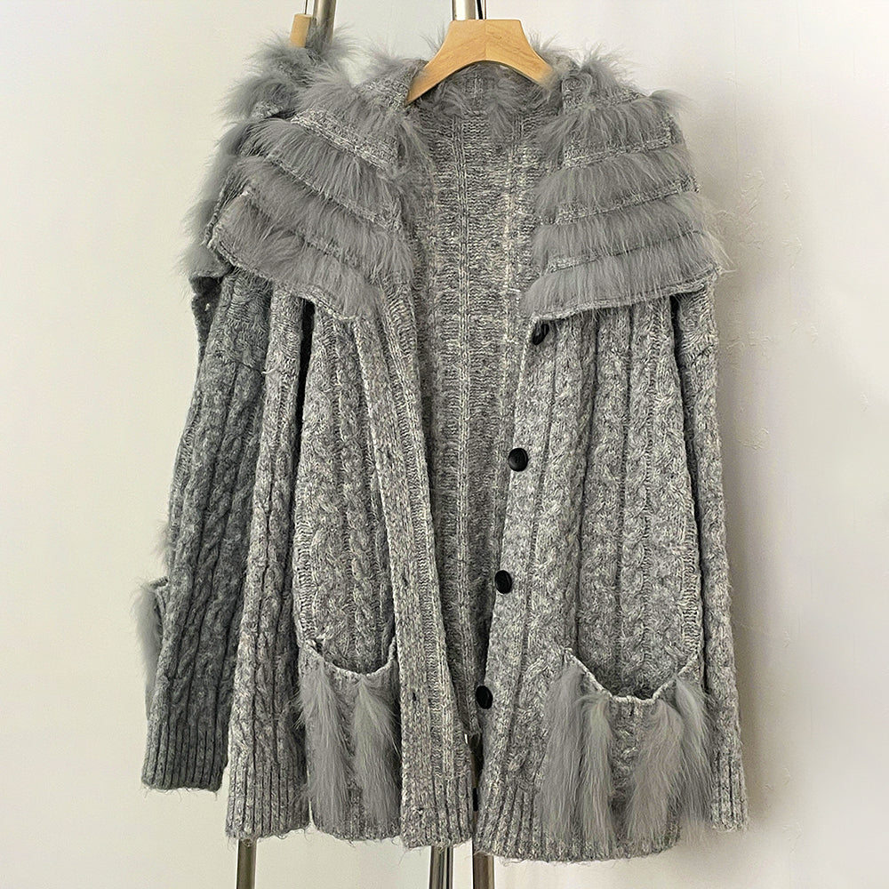 OFTBUY New Spring Warm Top Knitted Clothing Female Oversize Resl Fox Fur Cardigan Sweater Coat Women Loose Knitting Knitwear