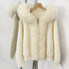 OFTBUY Luxury Viscose Blend Knitted Jacket with Real Fox Fur Hood & Trim - Premium Zip-Up Sweater with Oversized Fur Collar