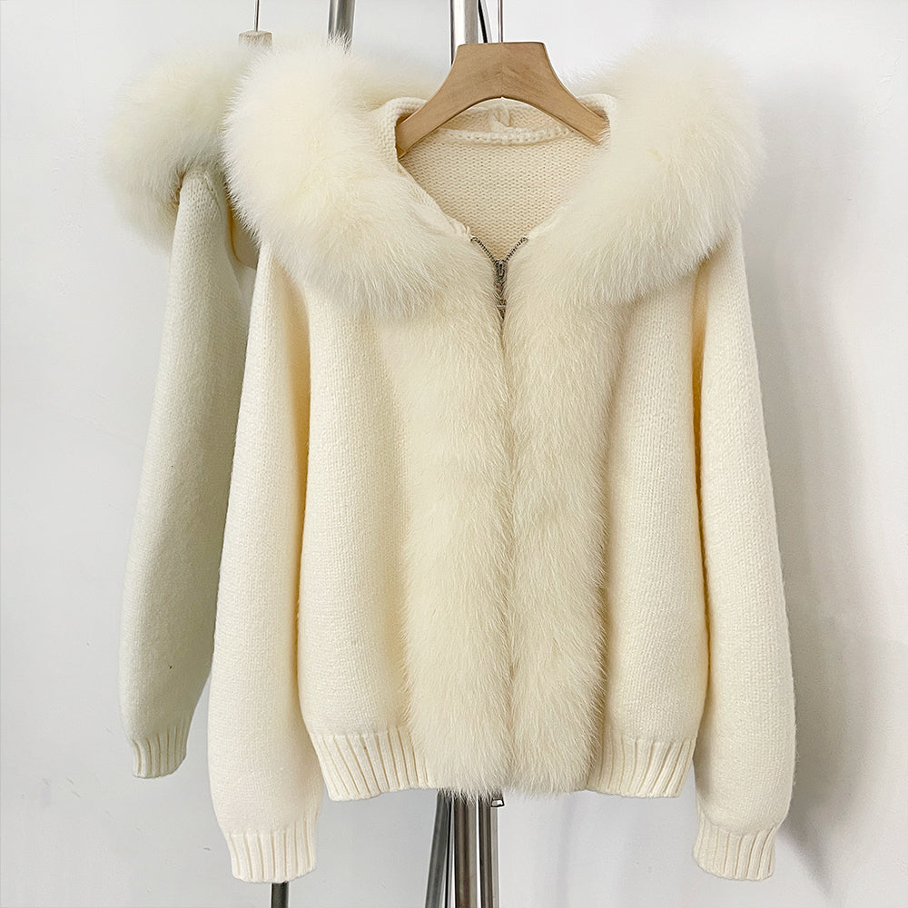 OFTBUY Luxury Viscose Blend Knitted Jacket with Real Fox Fur Hood & Trim - Premium Zip-Up Sweater with Oversized Fur Collar