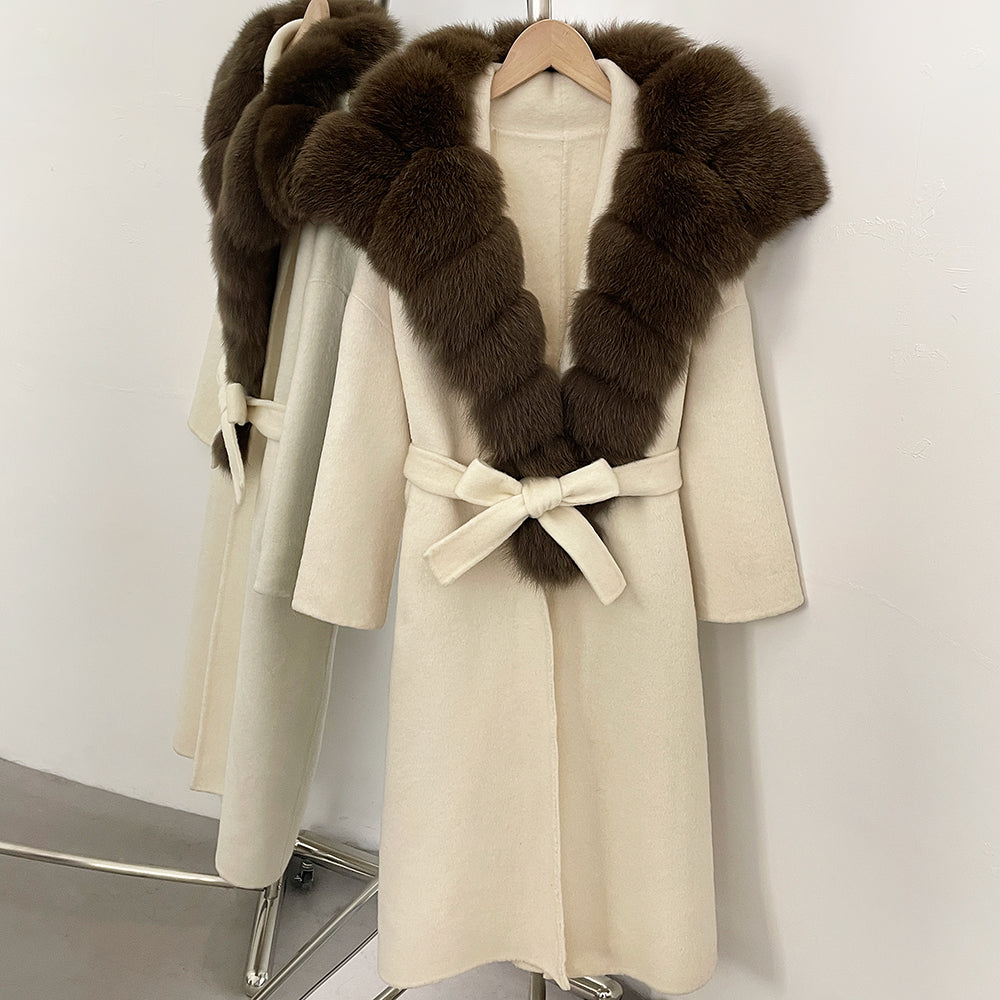 OFTBUY Long Belt Real Fur Wool Coat Female New Autumn Winter Warm Clothes Women Natural Fox Fur Collar Cashmere Woolen Jacket